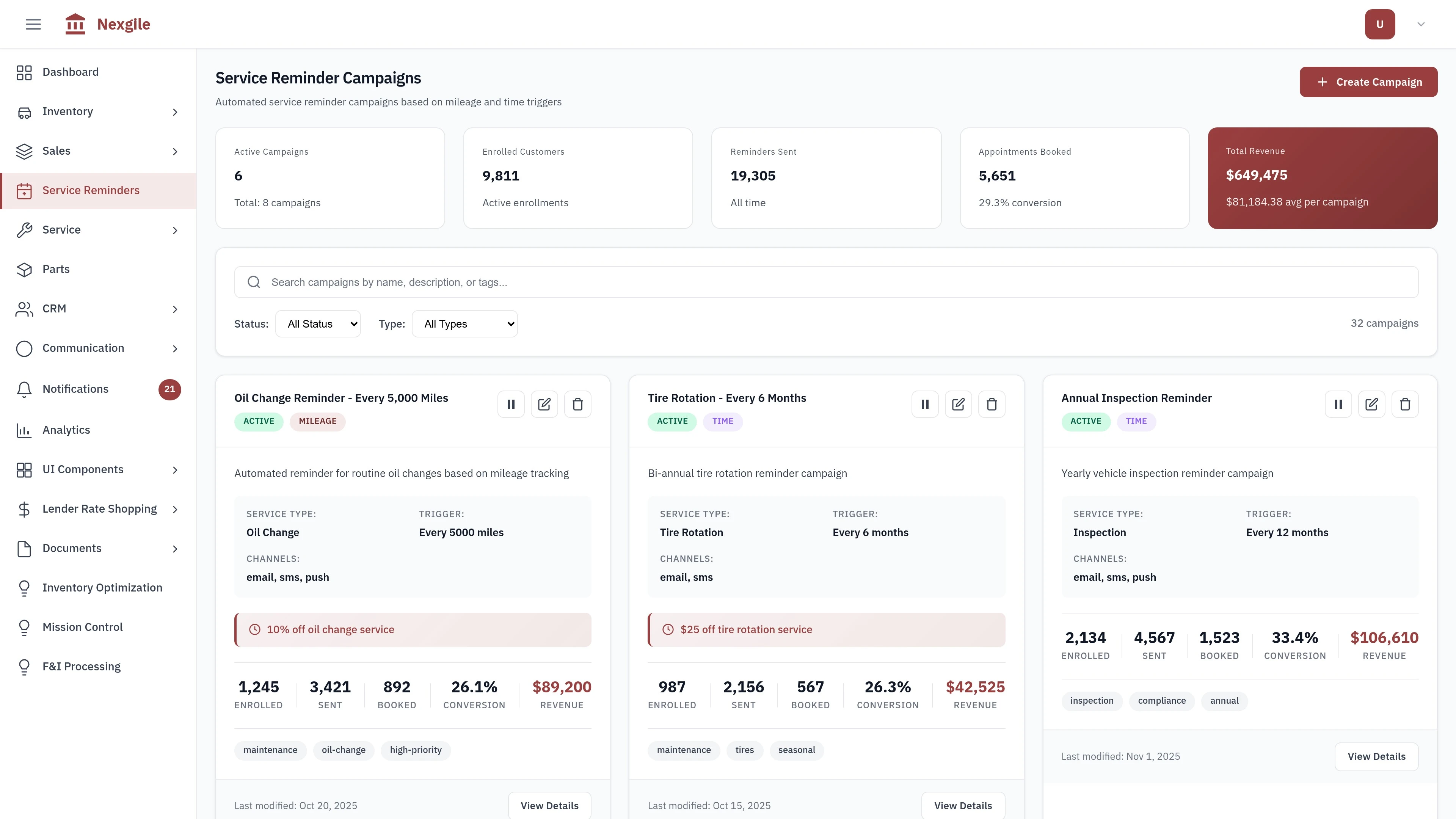 Service Reminders - Automated customer engagement and appointment scheduling interface